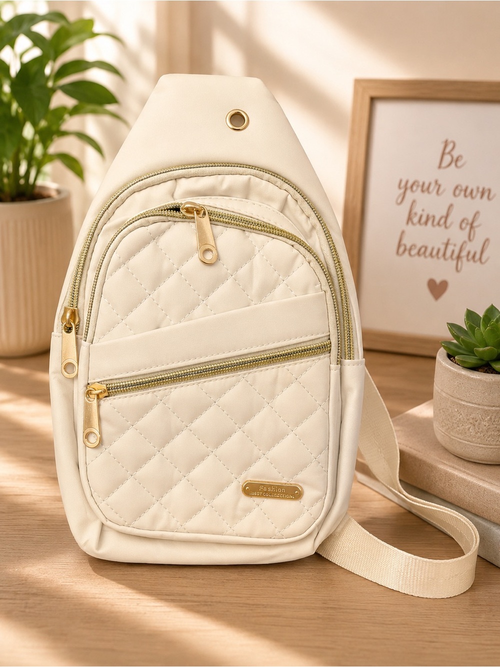 Quilted Crossbody Sling Bag in Cream - Fashion